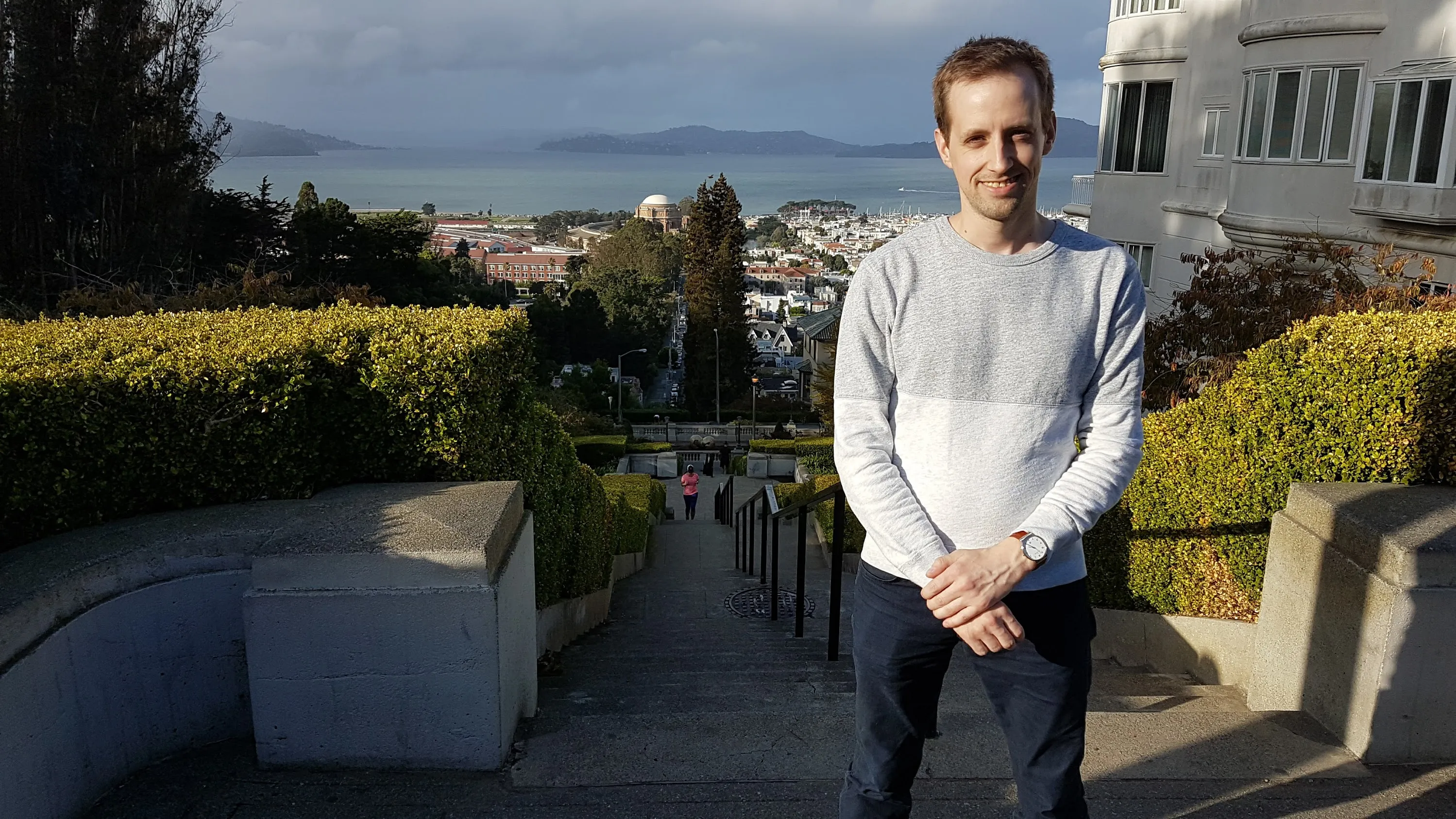 The author standing at the top of a steep set of stairs