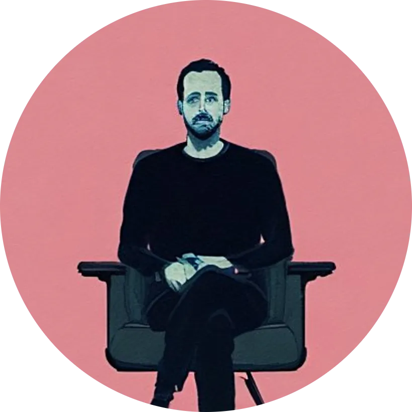 Drawing of Adam Hollett seated with legs crossed in a green chair against a pink backdrop.